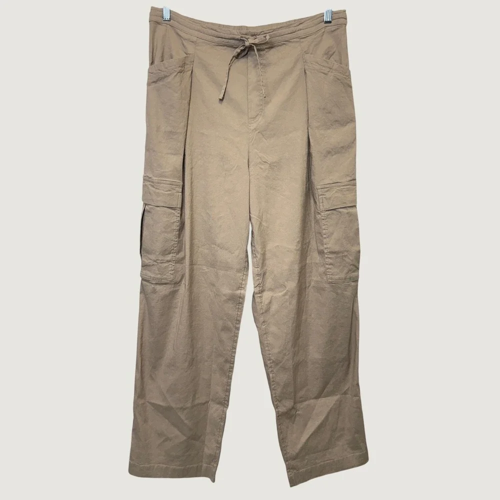 Athleta Womens Paradise Straight Leg Cargo Pants M Tan Linen Stretch Gorpcore